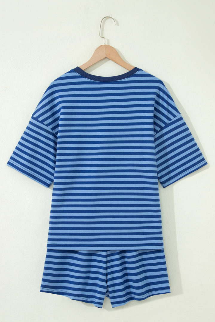 Blue Stripe Striped Ribbed Cotton Two-Piece Short Set with Chest Patch Detail
