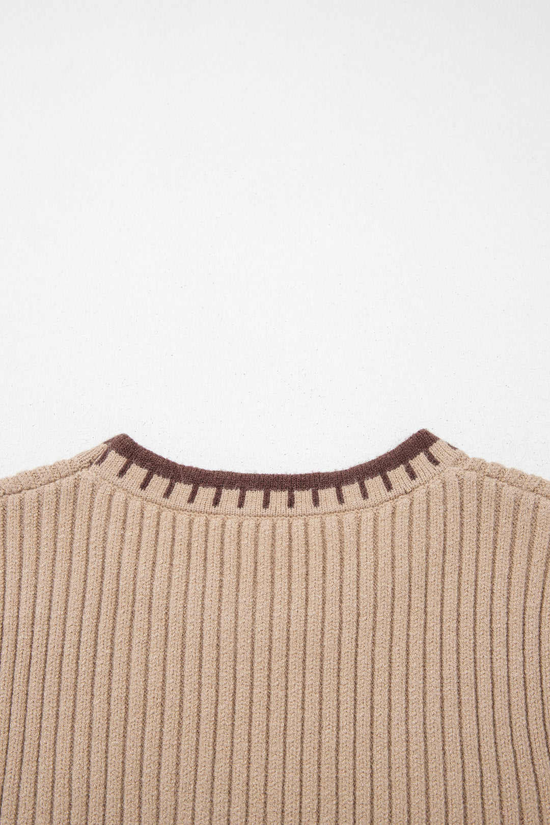 Light French Beige Ribbed Knit Contrast Trim Round Neck Horseshoe Sweater Vest