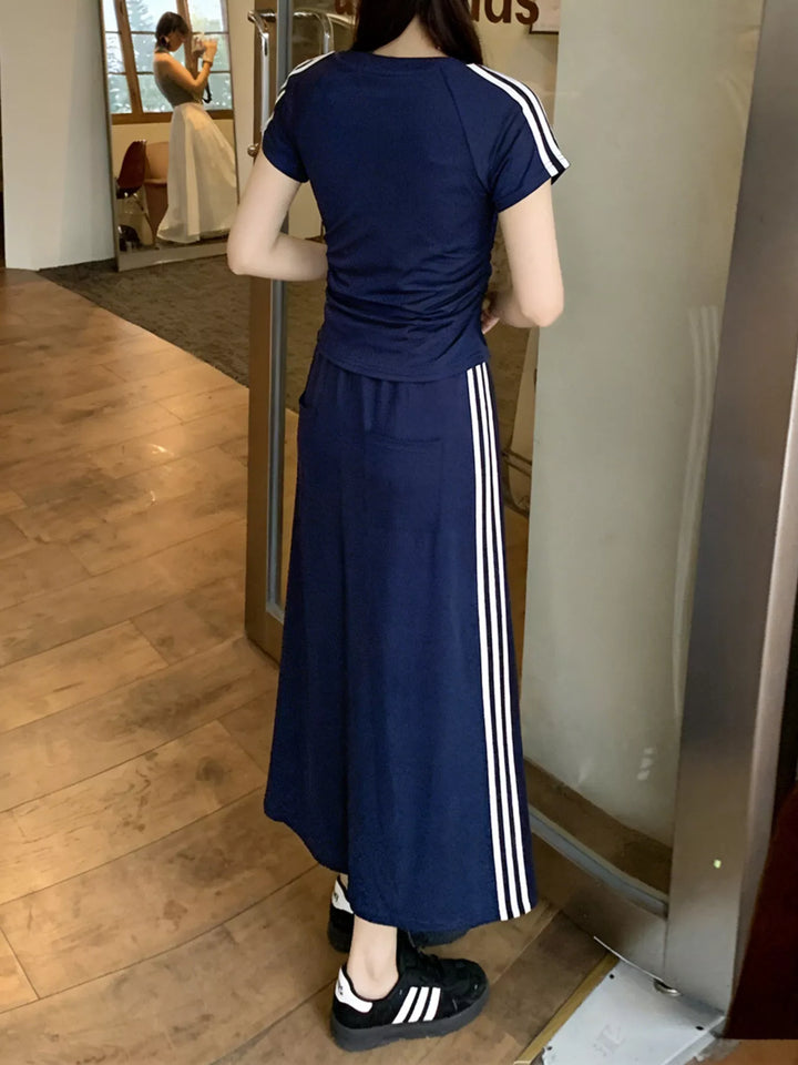 Striped Round Neck Tee and Skirt Set