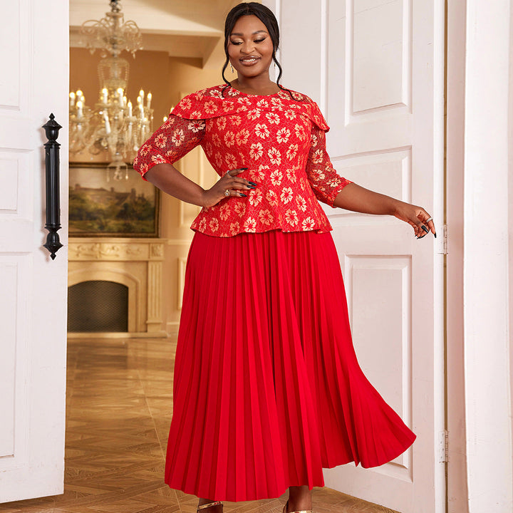 Women's Solid Color Versatile Lace Long Sleeved Pleated Skirt