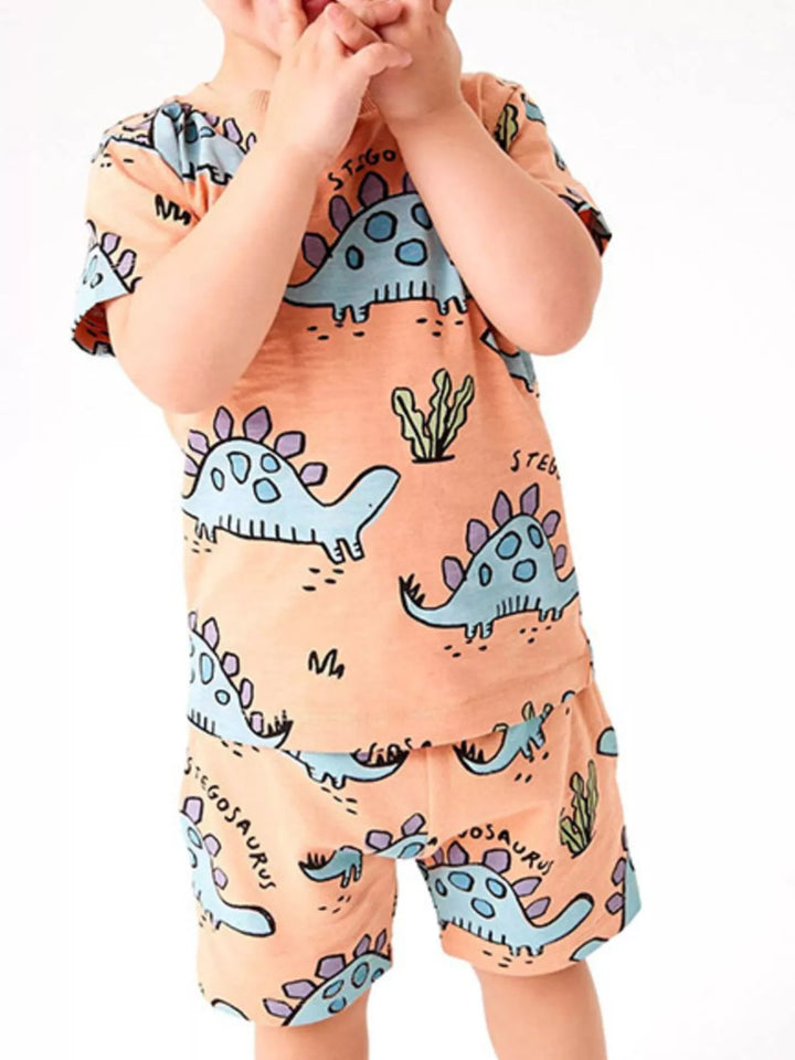 Children's Dinosaur Print Round Neck Top and Shorts Set