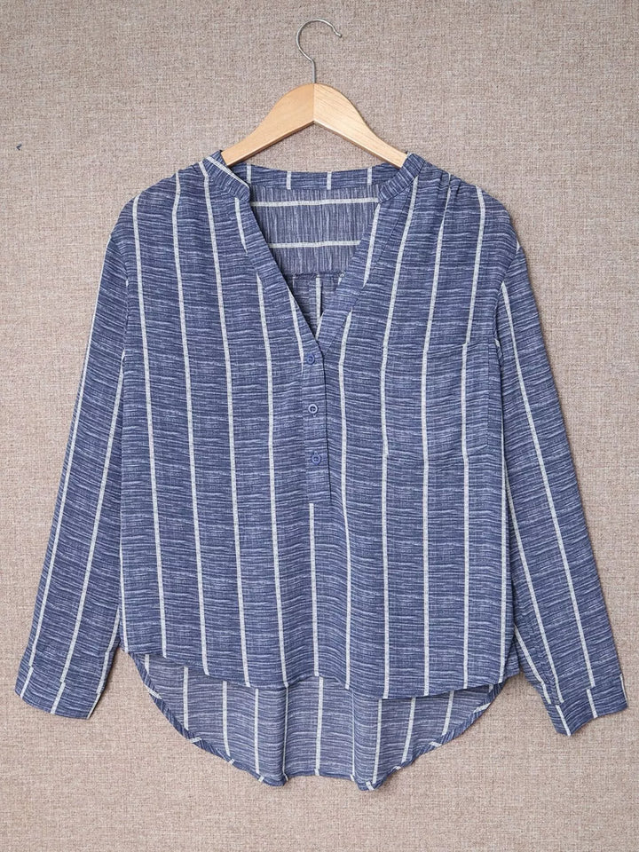 Striped Print V Neck Half Buttons Loose Blouse