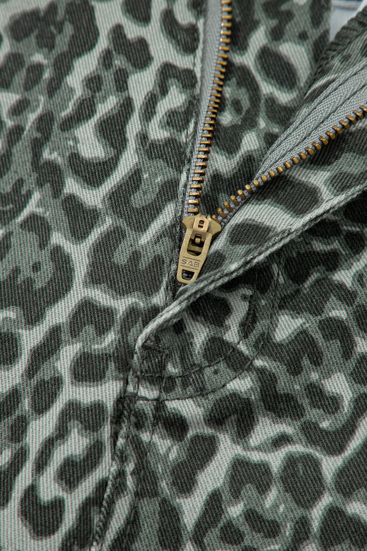 Gray Leopard Frayed Edge Wide Leg High Waist Jeans