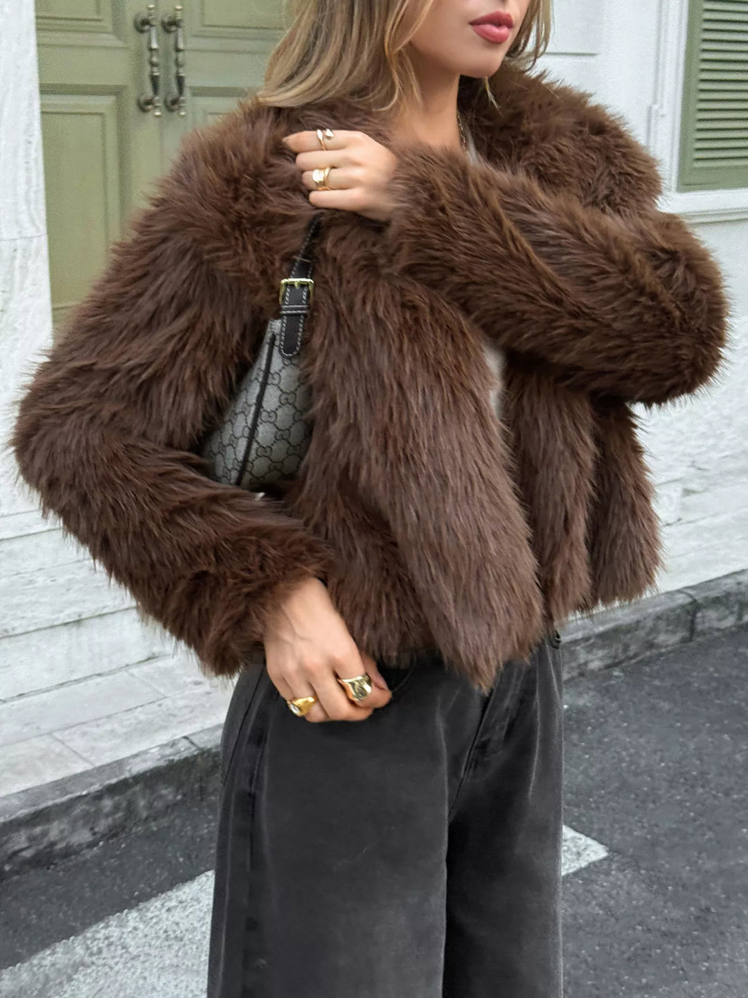 Open Front Faux Fur Cropped Jacket
