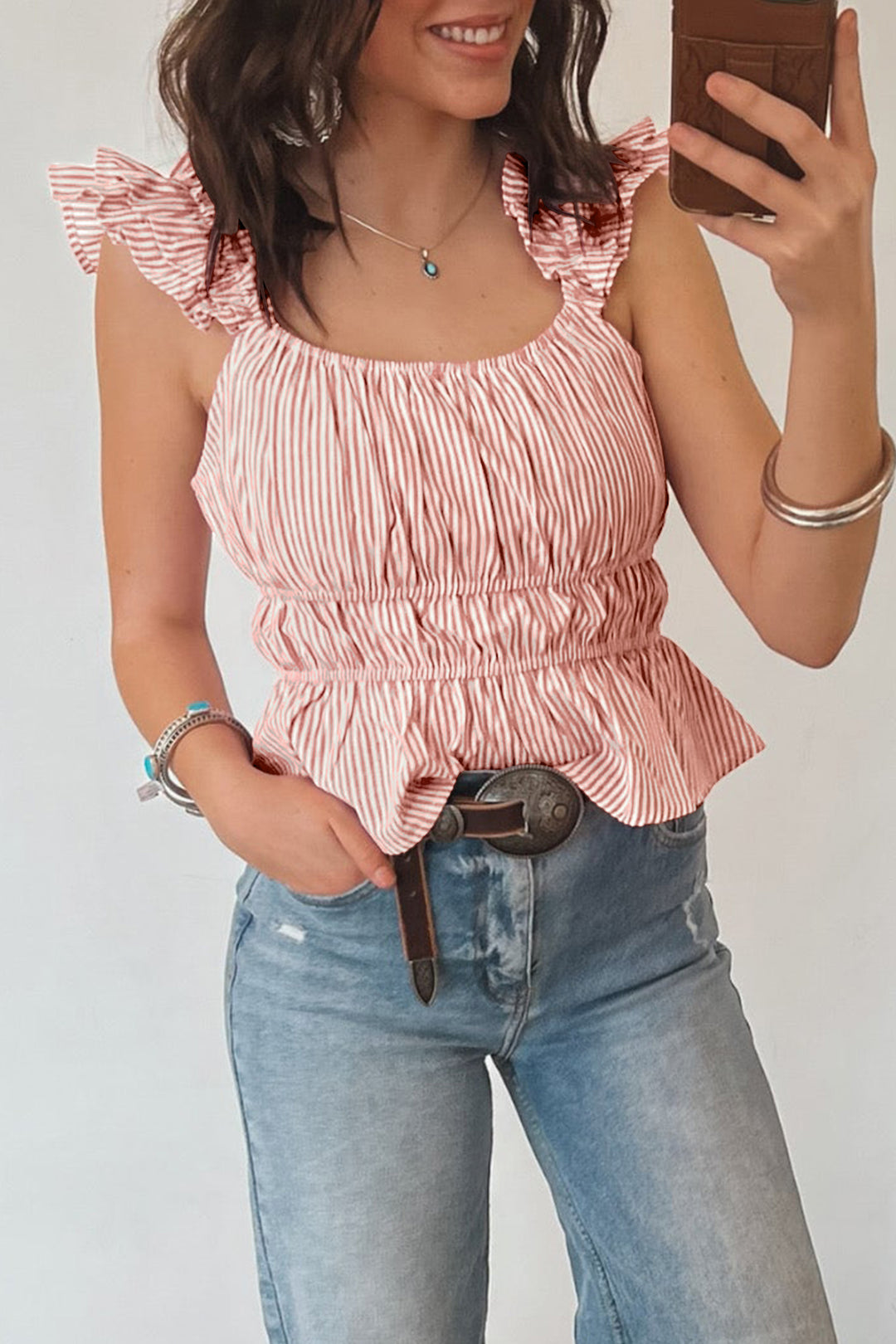 Pink Stripe U Neck Ruffle Trim Cinched Waist Tank Top