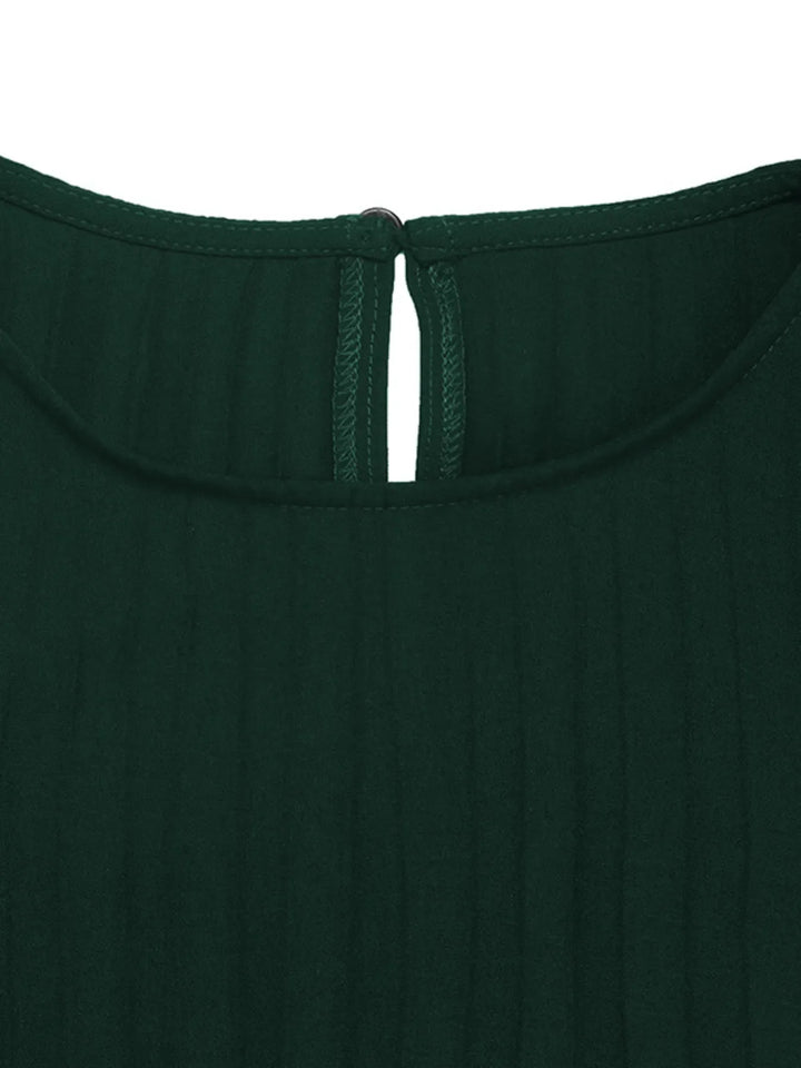 Pleated Round Neck Long Sleeve Dress