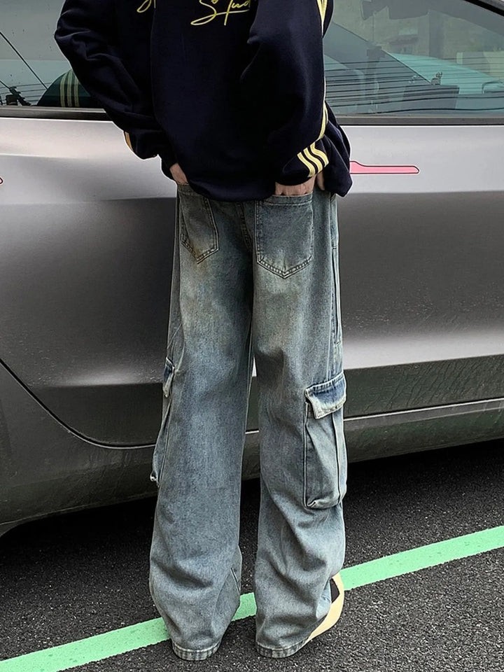 Men's Full Size Vintage Wash Wide Leg Cargo Jeans Plus Size