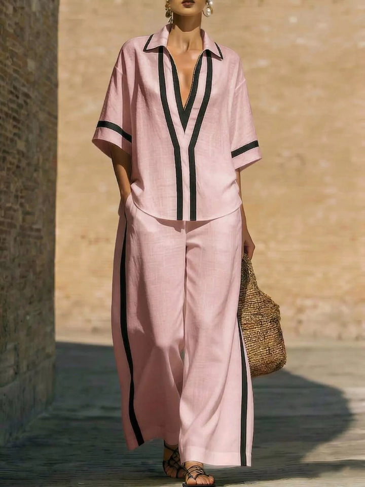 Full Size Contrast Trim Top and Pants Set Plus Size