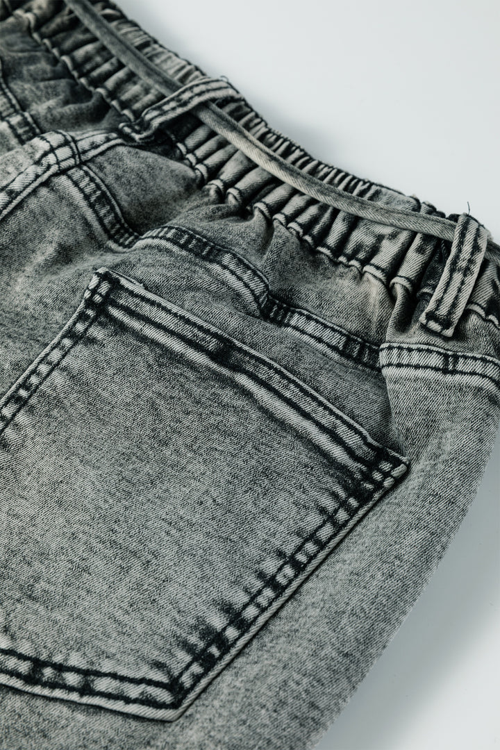 Gray Acid Wash Barrel Fit Denim Pants with Waist String