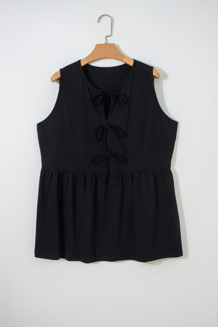 Black Plus Size Solid Color Bow Tie Peplum Tank Top