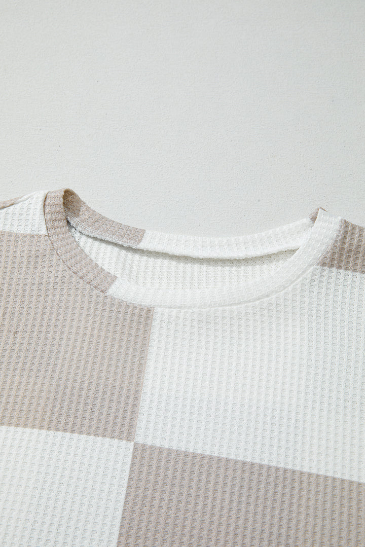 Khaki Checkered Print Breathable Textured Long Sleeve Top