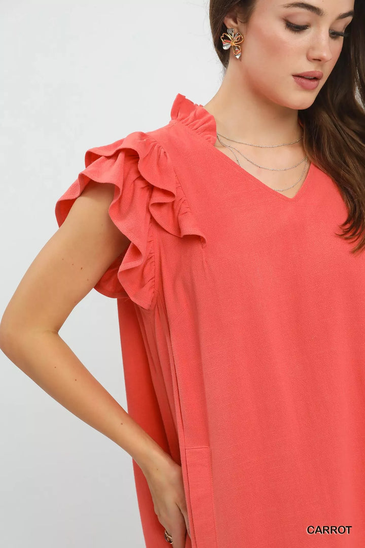 Umgee Linen Flutter Sleeve Shift Dress with Pockets