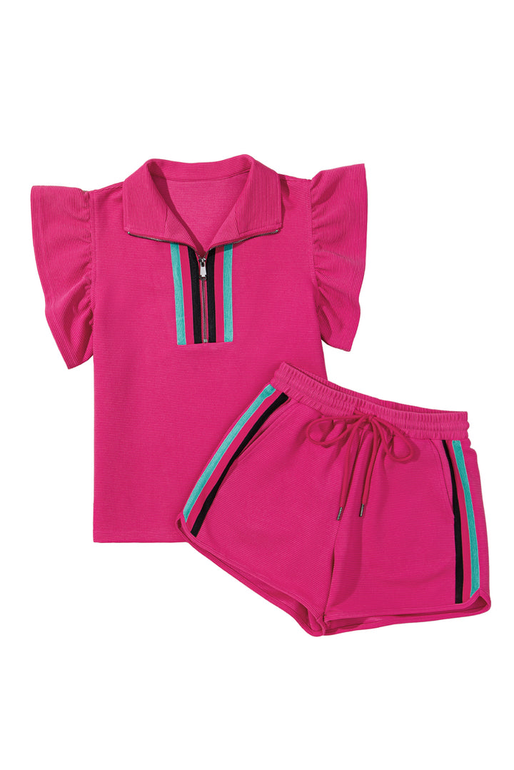 Strawberry Pink Striped Detail Flutter Sleeve Zipped Collar Short Set