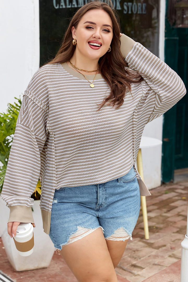 Brown Stripe Plus Size Breathable Knit Ribbed Trim Long Sleeve Top