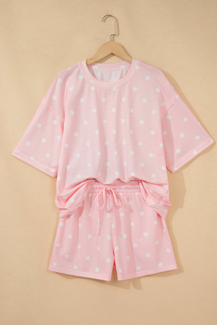 Pink Exposed Seam Detail Polka Dot Loose Tee Drawstring Shorts Set