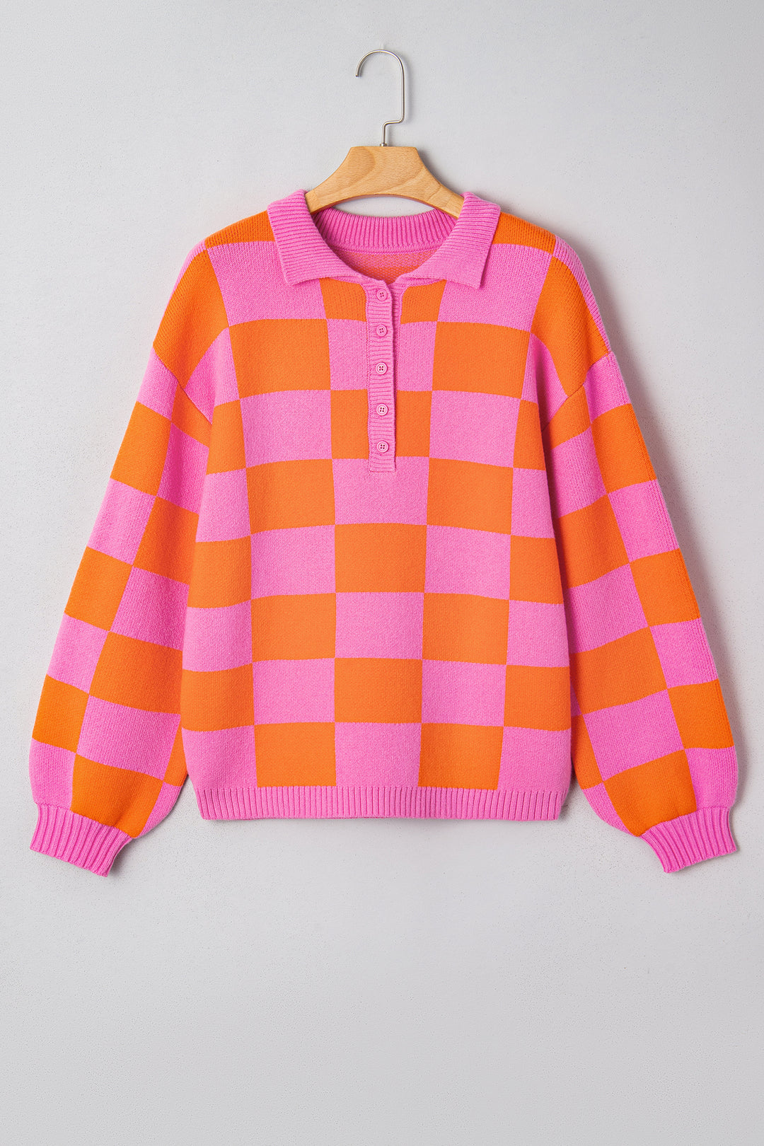 Sachet Pink Checkered Knit Polo Collar Baggy Sweater