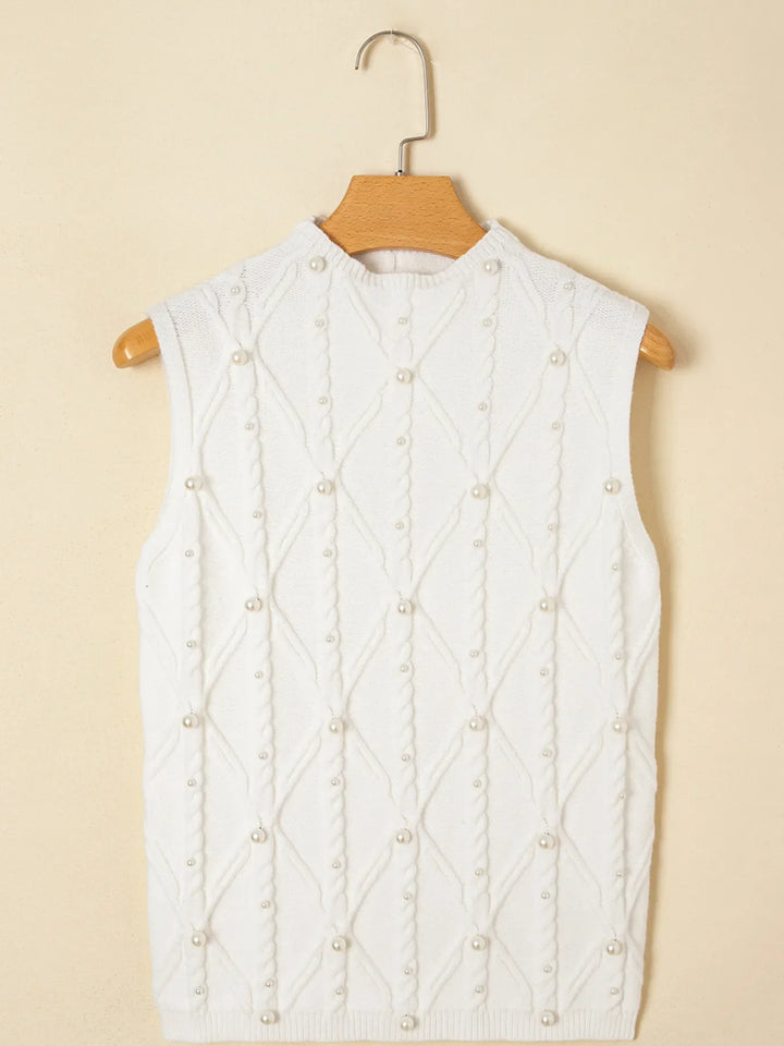 Pearled Mock Neck Textured Knit Sweater Vest