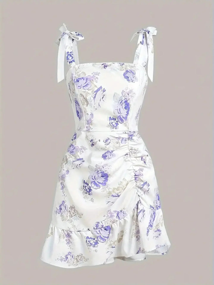 Ruffled Hem Floral Tie-Strap Mini Dress