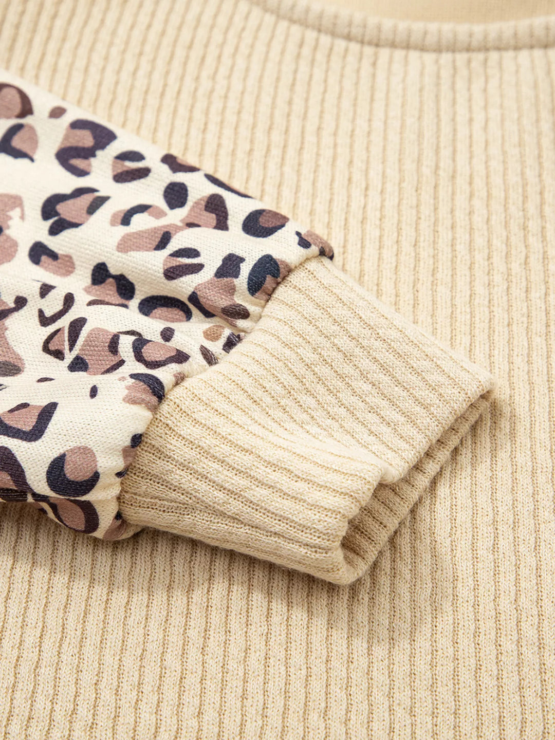 Leopard Sleeve Patchwork Ribbed Knit U Neck Top