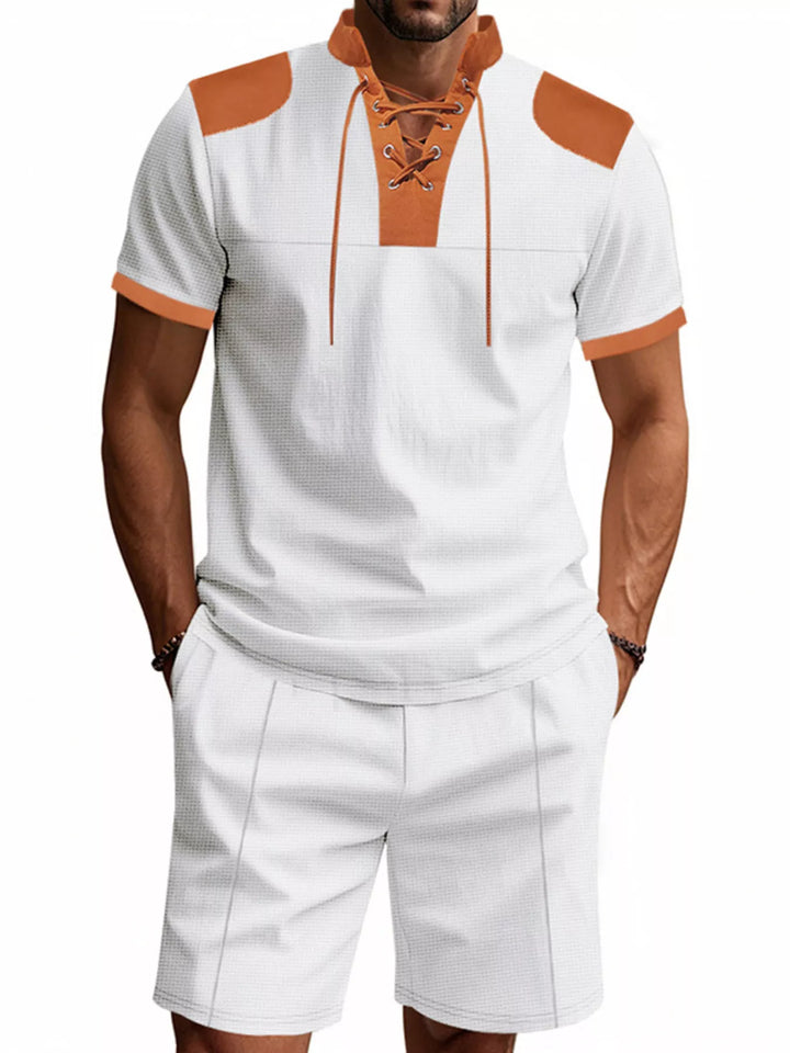 Men's Full Size Lace-Up Collar Casual Top and Shorts Set Plus Size