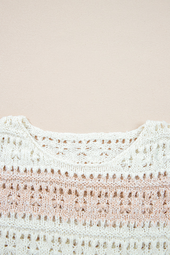 Pink Hollow-out Colorblock Drop Shoulder Casual Sweater