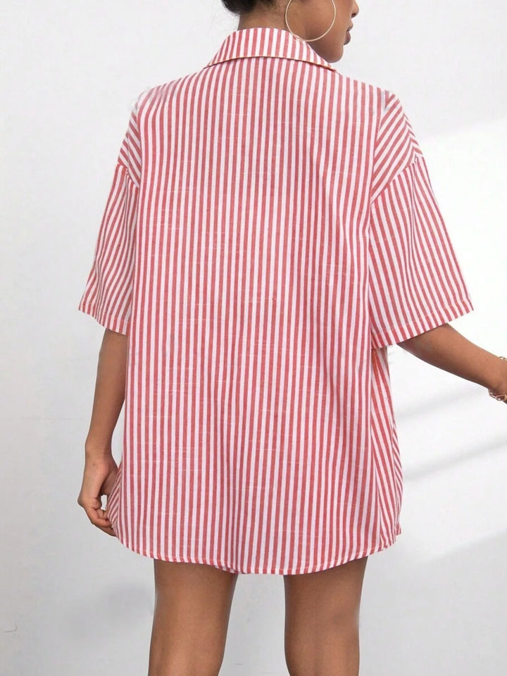 Striped Button Up Shirt and Shorts Casual Set