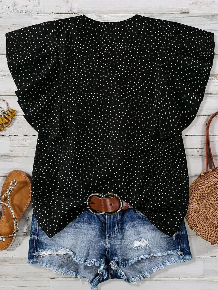 Polka Dot Notched Ruffled Cap Sleeve Blouse