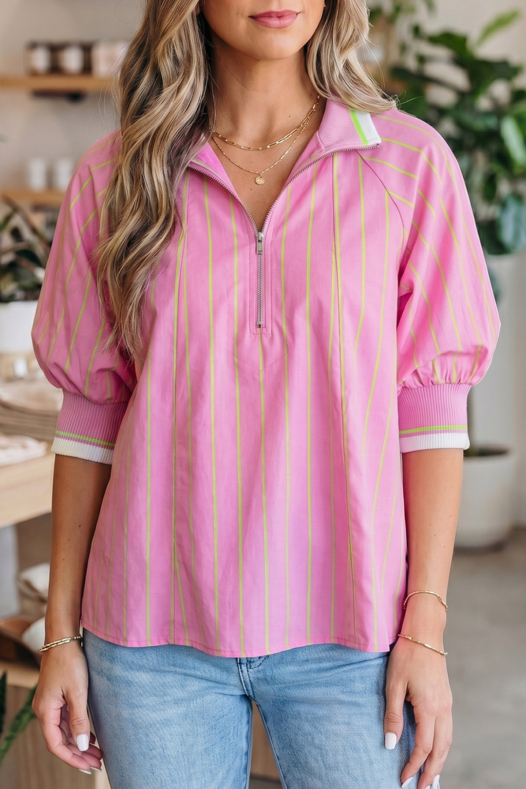 Pink Stripe Striped V-Neck Half Sleeve Zipper Ribbed Cuff Casual Shift Blouse