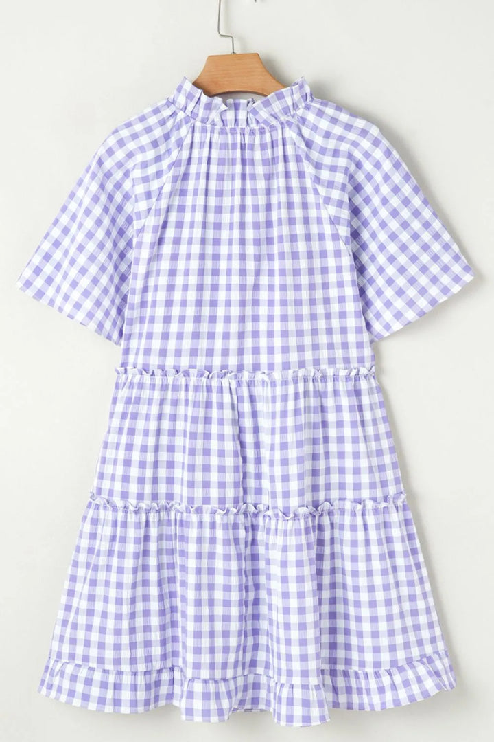 Plaid Tie Neck Short Sleeve Babydoll Mini Dress