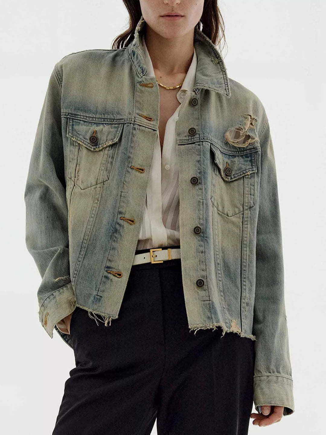 Distressed Wash Button Up Denim Jacket