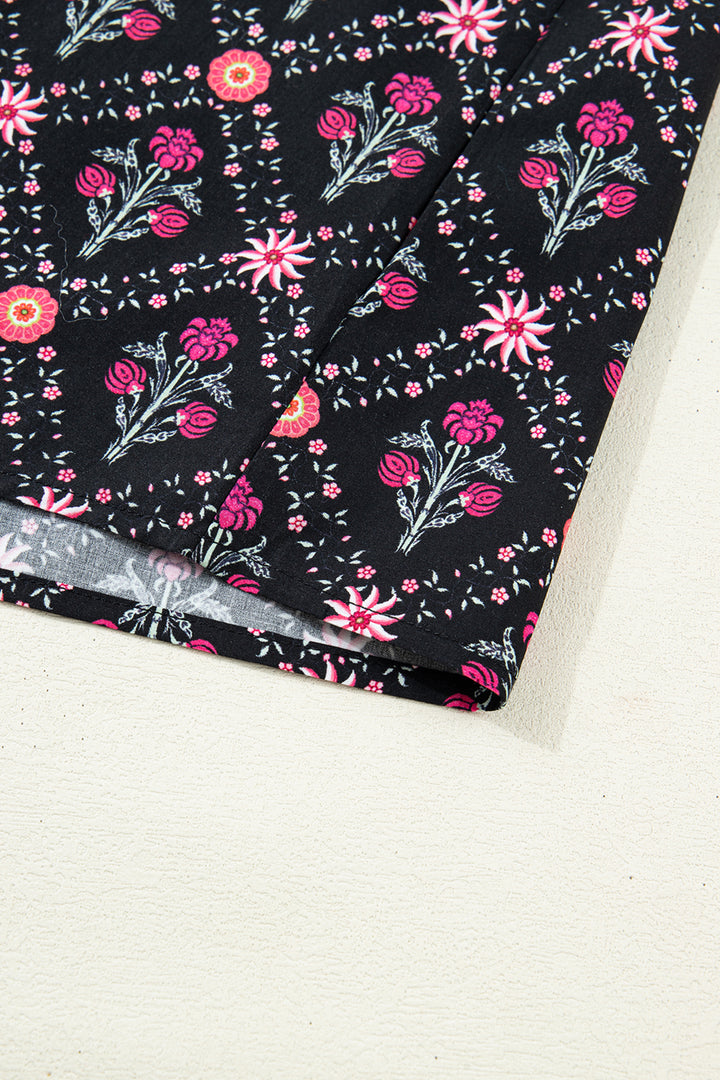 Black Contrast V Neckline Bracelet Sleeve Vintage Floral Blouse