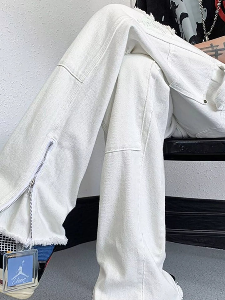 Men's Distressed Raw Hem Wide Leg Jeans