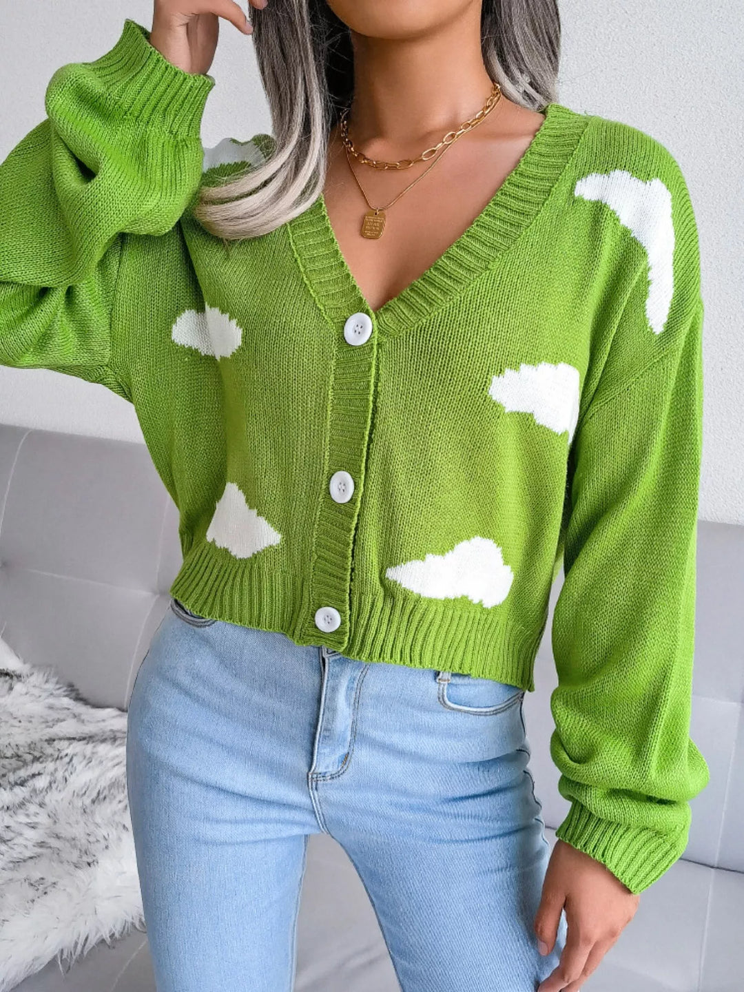Cloud Pattern Button-Up Cropped Cardigan