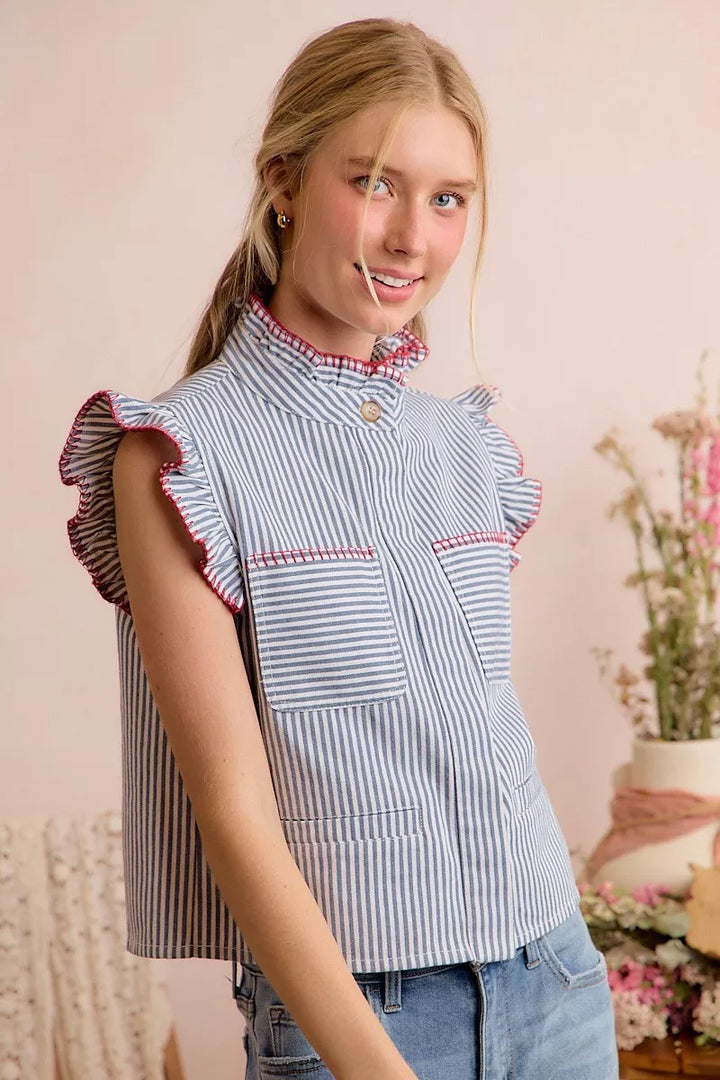 SO ME Stripe Twill Stitch Ruffled Hidden Button Vest Top