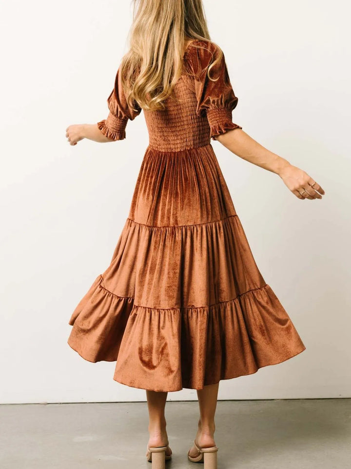 Smocked Half Sleeve Tiered Midi Dress