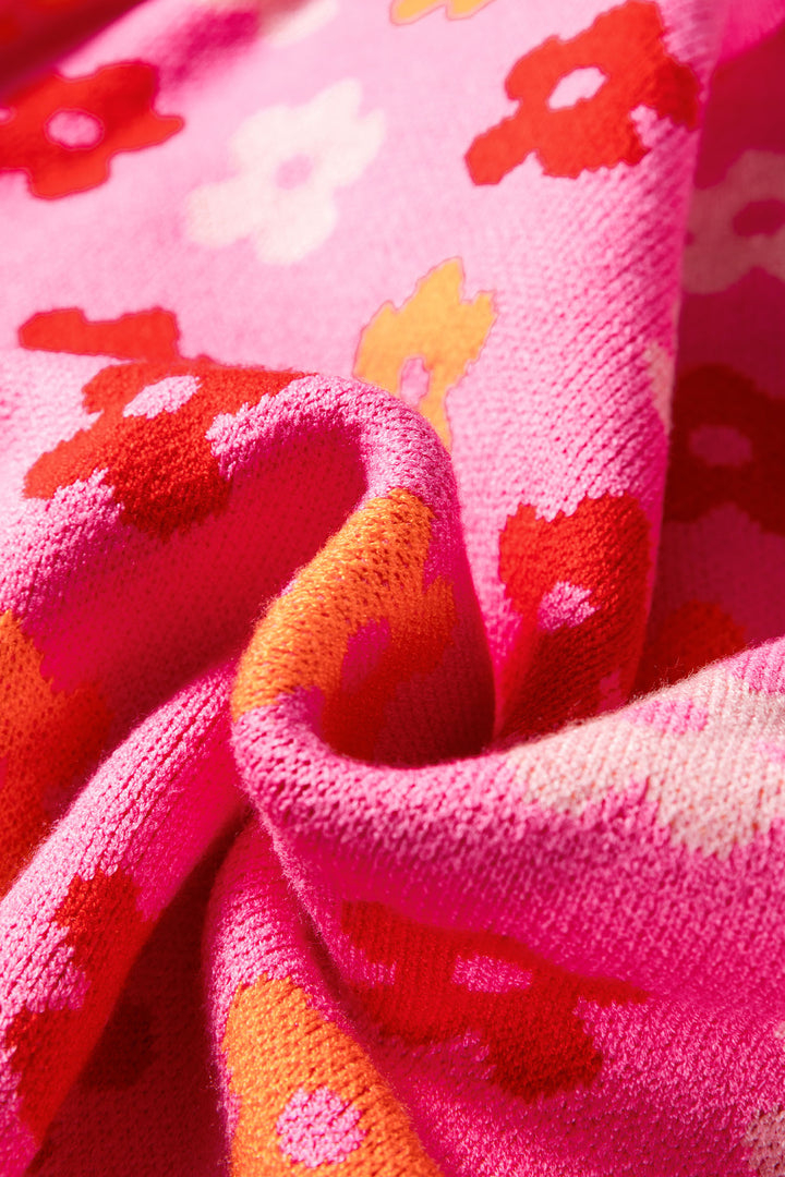 Rose Cute Flower Allover Ribbed Trimmed Drop Shoulder Pullover Sweater