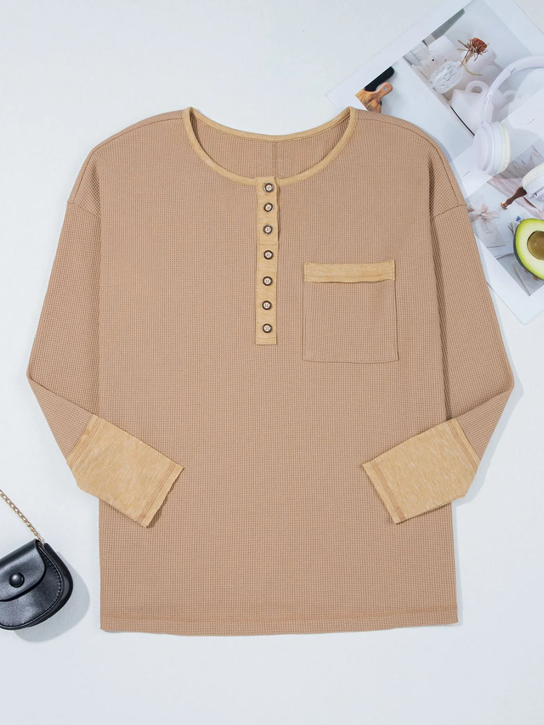 Waffle Textured Tunic Henley Top with Slits