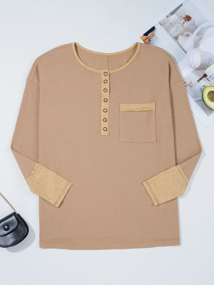 Waffle Textured Tunic Henley Top with Slits