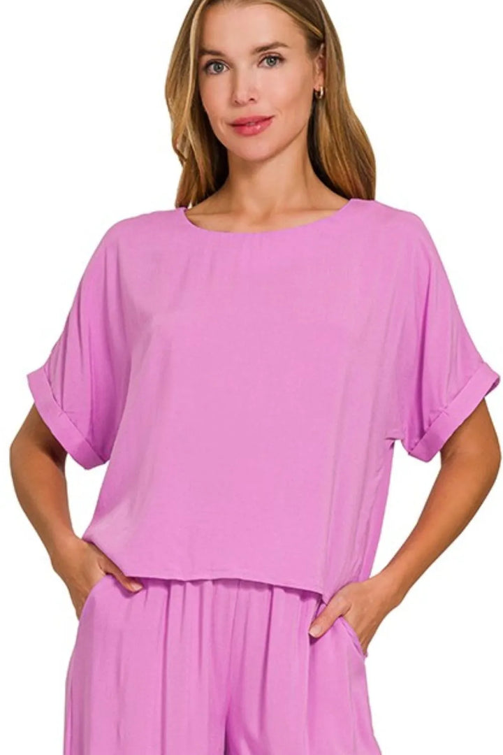 Zenana Round Neck T-Shirt and Wide Leg Pants Set