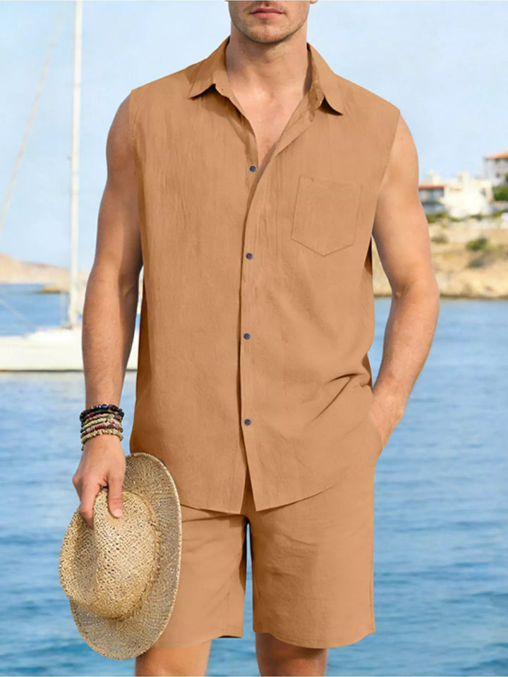 Men's Full Size Button Up Sleeveless Top and Shorts Plus Size
