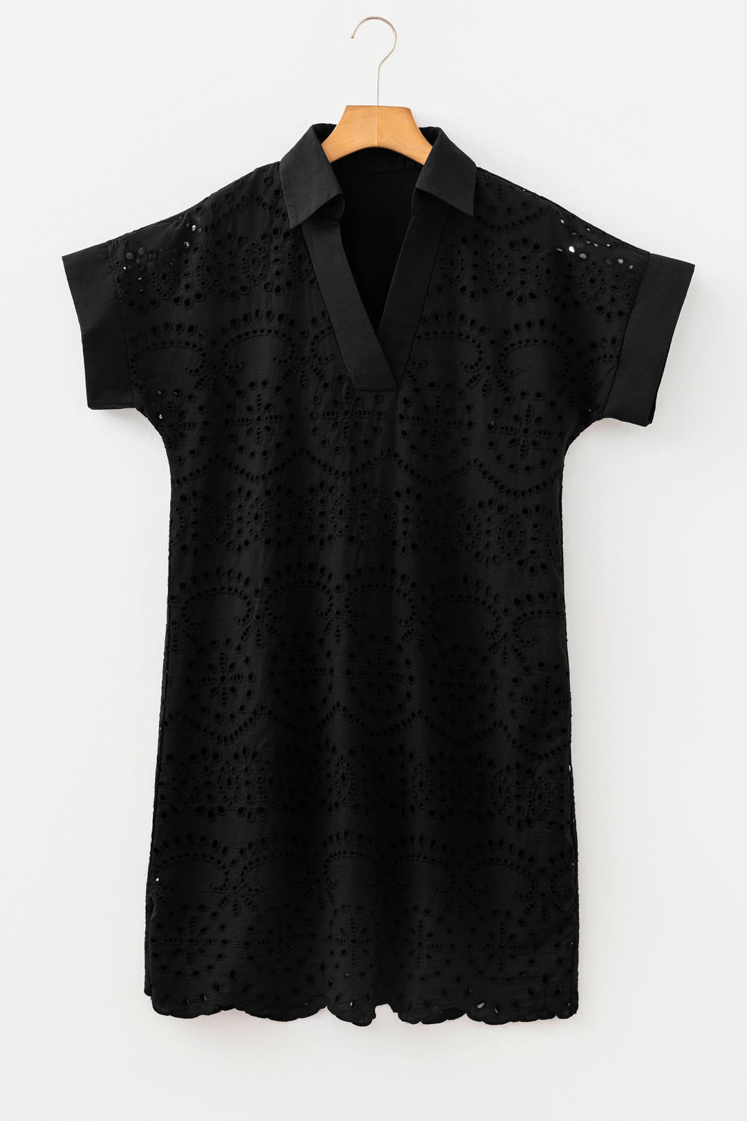 Dark Blue Solid Color Eyelet Embroidered T Shirt Mini Dress