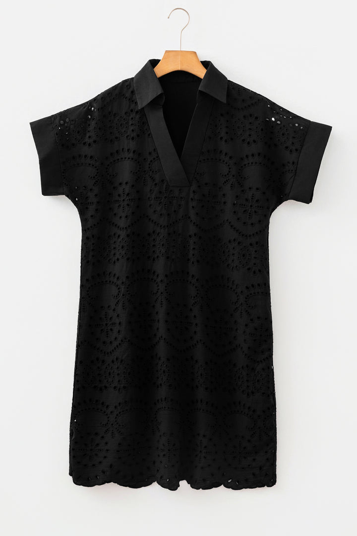 Dark Blue Solid Color Eyelet Embroidered T Shirt Mini Dress