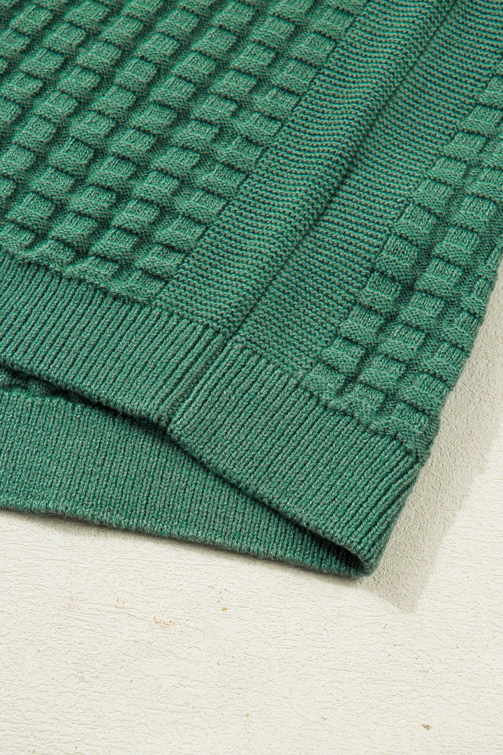 Mist Green Solid Color Round Neck Textured Short Sleeve Sweater