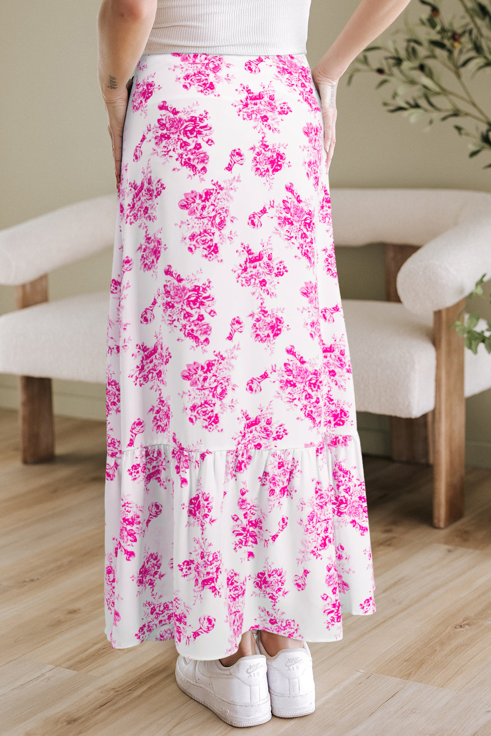 Jupe longue fendue à volants taille haute à fleurs style bohème rose