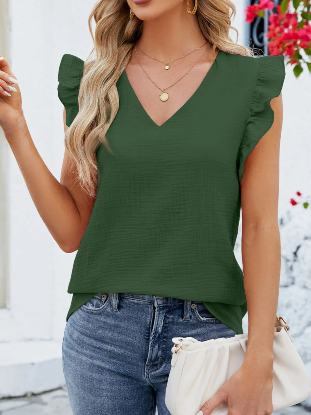 V-Neck Ruffled Sleeve Top