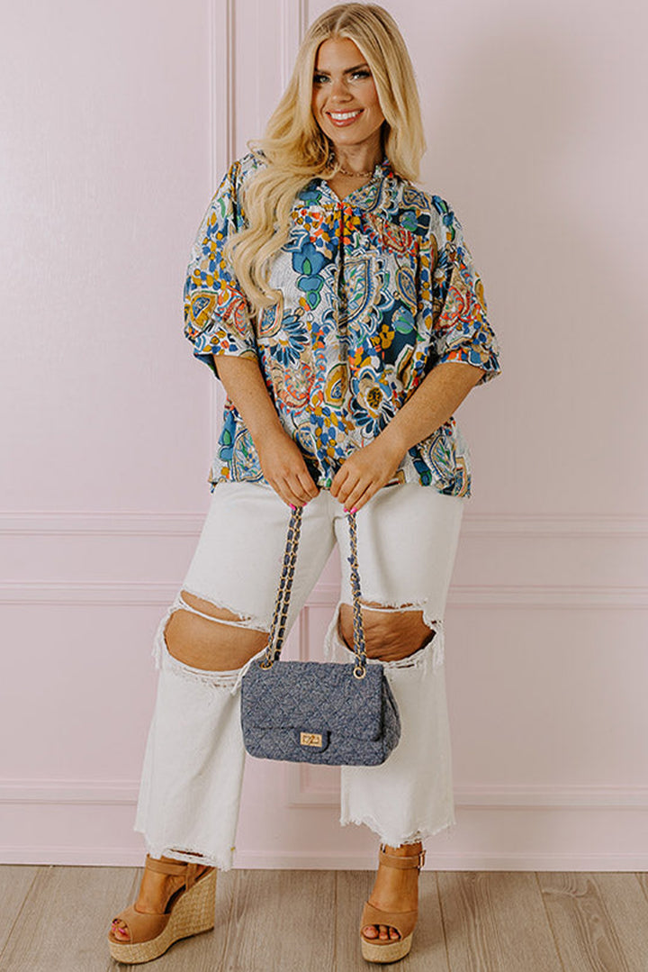 Multicolour Plus Size Floral Print Half Sleeve Slit Neck Blouse