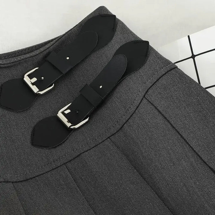 Harajuku Double Belt Pleated Tennis Skirt (Grey/Black)