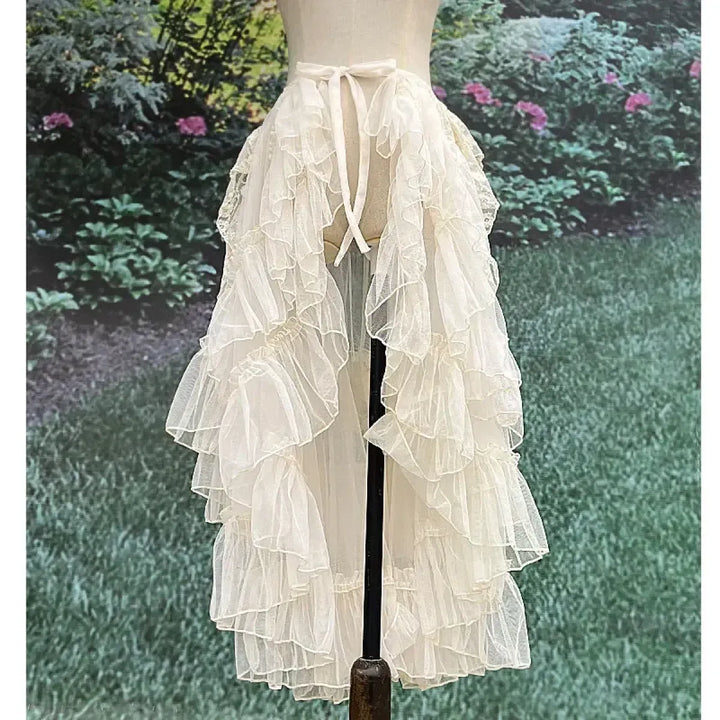 Double-Layered Waist Curtain Skirt - Asymmetrical Ruffle High-Low Cover-Up
