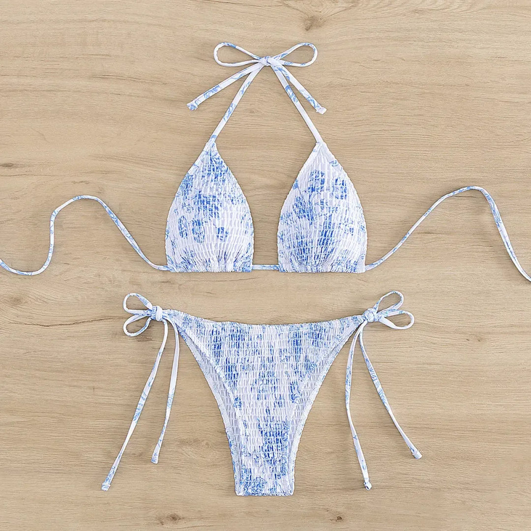 Ruched Floral Halter Bikini Set – Kawaii Beach Swimwear