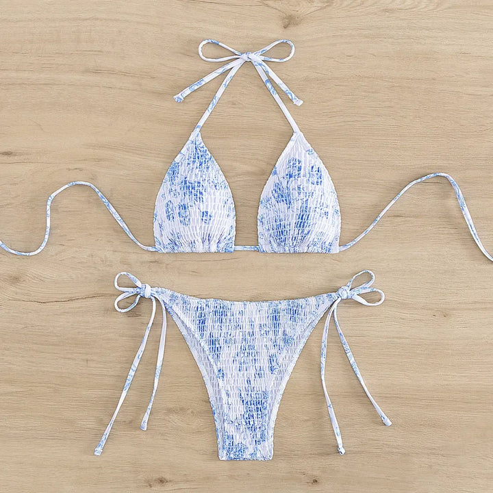 Ruched Floral Halter Bikini Set – Kawaii Beach Swimwear